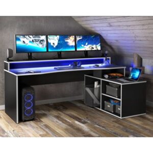 Terni Wooden Gaming Desk Corner In Black With White Trim And LED
