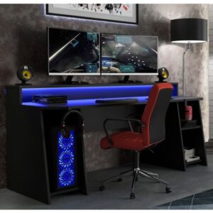 Terni Wooden Gaming Desk In Matt Black With Blue LED