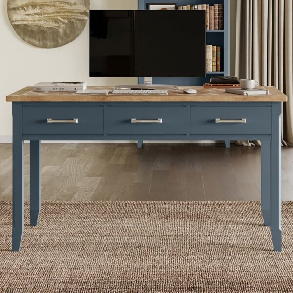 Sanford Wooden Laptop Desk With 3 Drawers In Blue And Oak